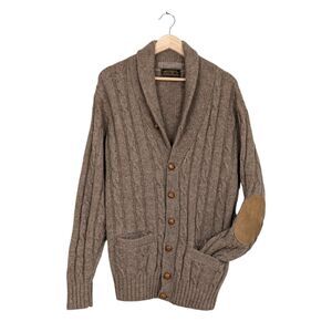 Vintage Eddie Bauer Wool Cardigan Sweater M Brown Cable Knit Patch Shawl Mens